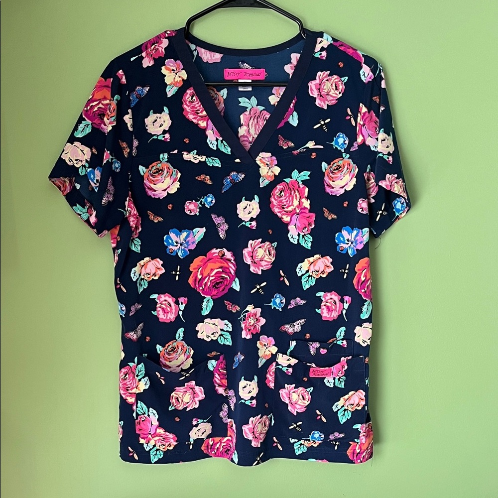 Betsey Johnson Navy Floral V-Neck Scrub Top with Pink Roses